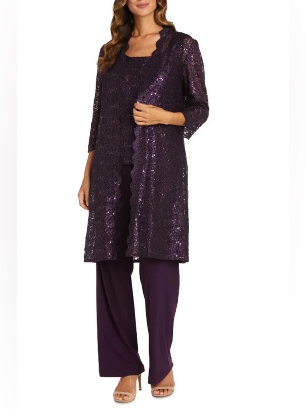 RM Richards 3-Piece Lace Sequin Pant Set | Plum | Petite 4P